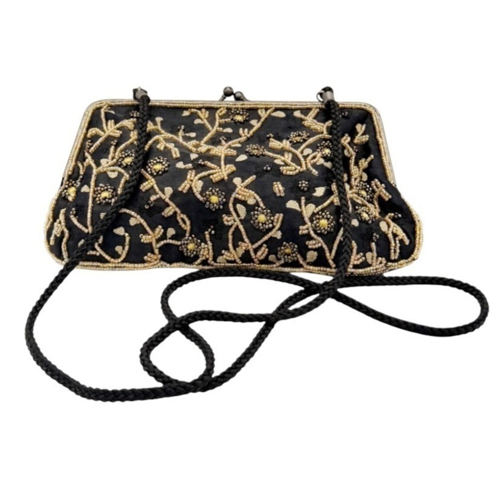 Lancôme Beaded Evening Bag Black Gold Kiss Lock Shoulder Crossbody‎ Purse VTG